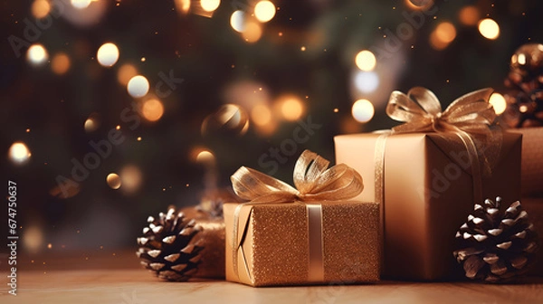 Fototapeta Christmas and new year background with gold gift boxes, pine cones and branches on dark bokeh background, copy space. Christmas festive banner. Happy new Year, Merry Christmas celebration
