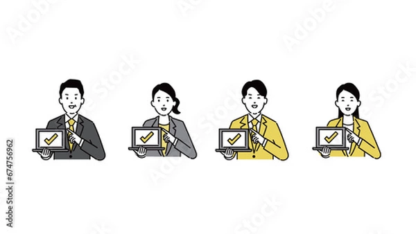 Fototapeta チェックマークの入ったノートパソコンをもついろいろな人物のシンプルイラスト、ベクター