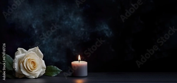 Fototapeta Condolence, grieving card, loss, funerals, support. Elegant white rose with burning candle on a black texture background for sending words of support and comfort.