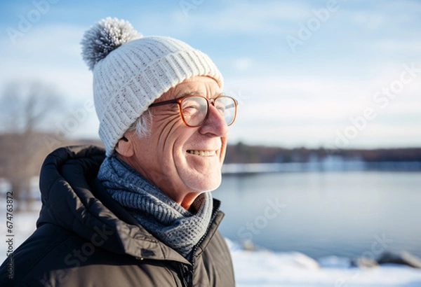 Obraz A senior Caucasian man in glasses and winter coat looking far a way near wide lake in the morning 