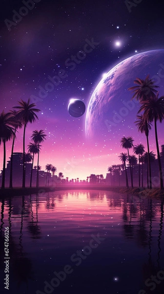 Fototapeta 
A futuristic cityscape at purple sunset in the background with stars and palms