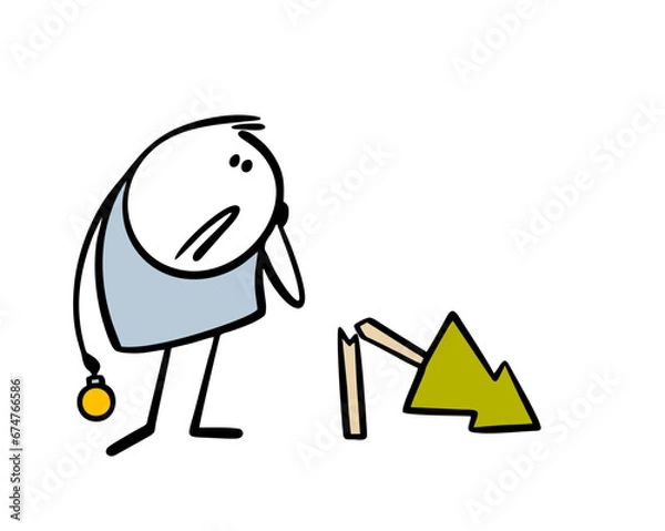 Fototapeta Frustrated stickman looks distressed at a broken Christmas tree and holds glass ball for decoration. Vector illustration of untidy character in the new year.