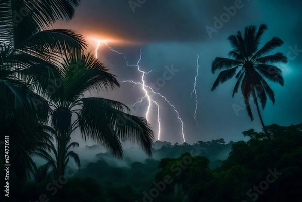 Fototapeta Bright lightning that lit up the dark night sky during an electrical storm. Jungle, rainforest during the plank, palm trees in the morning in the fog, jungle in the haze, palm trees in the haze