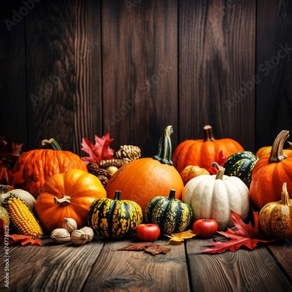 Fototapeta Autumn background frame of fall harvest on aged wood with copy space