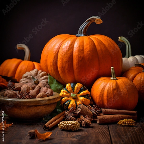 Fototapeta Autumn background frame of fall harvest on aged wood with copy space