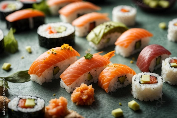 Obraz Sushi pieces arranged in an artistic and visually appealing manner on a textured ardesia surface, conveying the artistry of sushi making. Generative Ai.