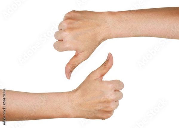 Fototapeta woman hands showing thumbs up and down (isolated on white backgr