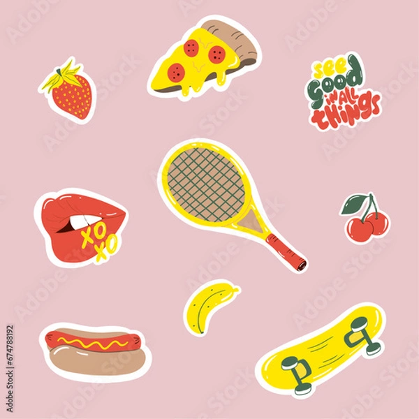 Fototapeta Collection of retro stickers. Pizza, hot dog, tennis racquet, skateboard, banana, strawberry, red lips. Patch bundle in hipster style. Hand drawn isolated vector design
