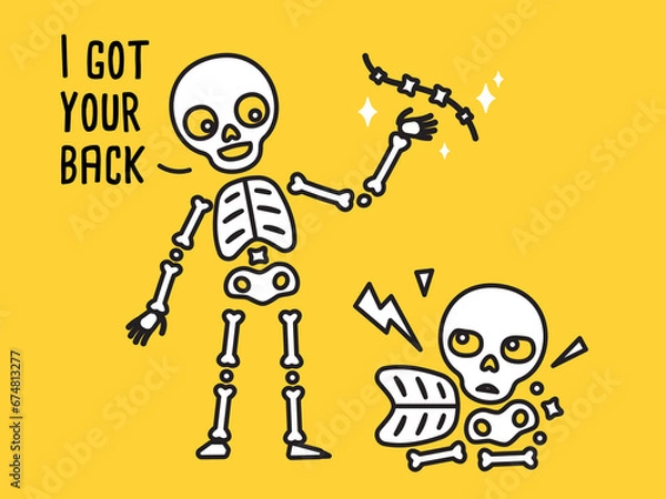 Fototapeta An illustration of a funny skeleton holding the back of another.