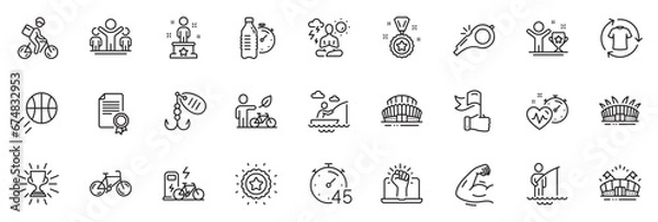 Obraz Icons pack as Sports stadium, Timer and Winner star line icons for app include Winner, Boat fishing, Yoga outline thin icon web set. Arena stadium, Eco bike, Sports arena pictogram. Vector