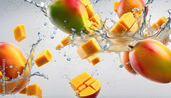 Fototapeta Beautiful close-up view of flying mango fruit and slices floating on water