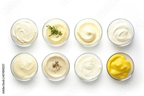 Fototapeta A collection of various sauces presented in small bowls. Ideal for adding flavor and enhancing dishes. Perfect for food blogs, recipe websites, and restaurant menus.