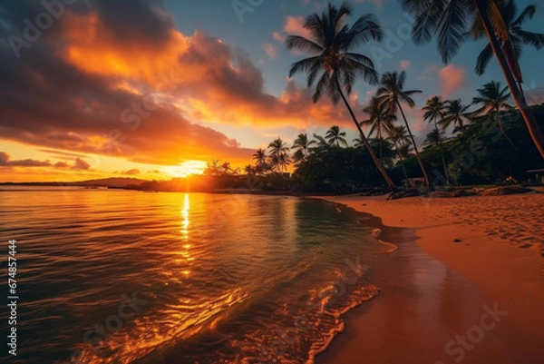 Fototapeta Experience the breathtaking beauty of a tropical island sunrise or sunset, casting a warm glow over palm tree shore. Ai generated