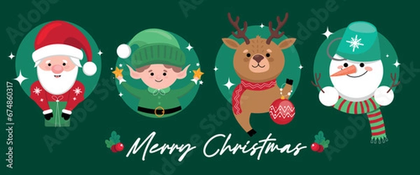 Fototapeta Santa, elf, deer and snowman on green background. Merry Christmas