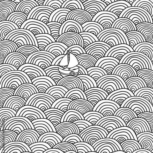 Fototapeta A lone boat sails floating on the waves. Clouds, sun, waves, boat, sea.  Adult Coloring Book Page.