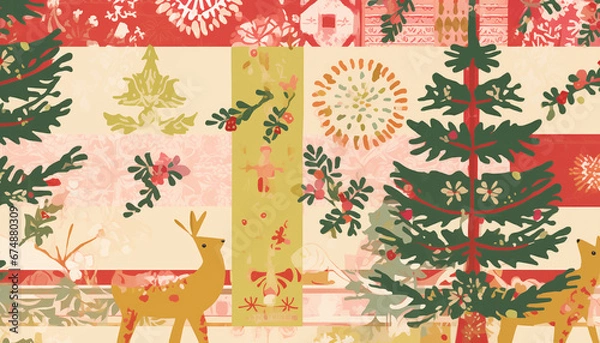 Fototapeta Festive Decorative Tile Pattern with Whimsical Folk-Inspired Motifs in Light-Red, Light-Pink, Light-Green
