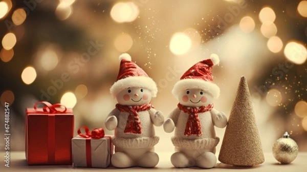 Fototapeta snowman doll with xmas tree and gift box background for text