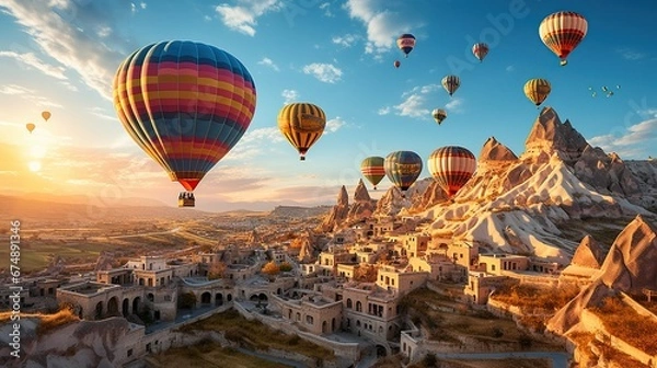 Fototapeta Landscape of fabulous Kapadokya. Colorful flying air balloons in sky at sunrise in Anatolia. Vacations in beautiful destination in Goreme