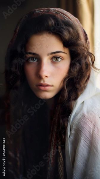 Obraz Portrait of a very pretty Palestinian woman with a sad face looking at the camera. Young Palestinian woman with a sad look in a hospital environment.