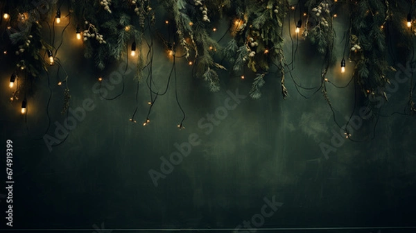 Fototapeta Elegant Green Christmas Garland on Textured, Vintage Dark Green Background with Moody Lighting and Twinkle Lights - Holiday Xmas Theme in Horizontal Layout 