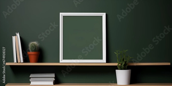 Fototapeta Mock up empty frame on dark green wall with minimalistic  interior design, product presentation concept 