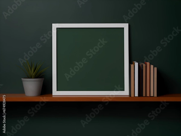 Fototapeta Mock up empty frame on dark green wall with minimalistic  interior design, product presentation concept 