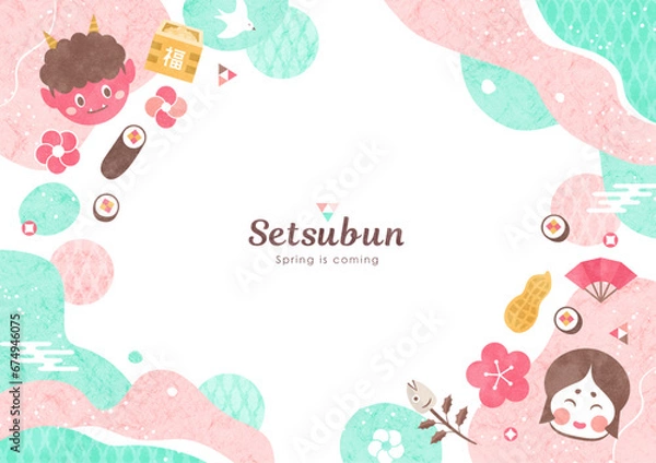 Obraz 節分の背景フレーム 鬼と恵方巻きのポップな水彩イラスト枠 ピンク＆ミント