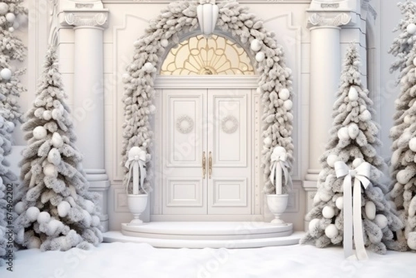 Obraz Elegant and luxurious Christmas door decoration isolated on white background with copy space. Christmas tree and decoration