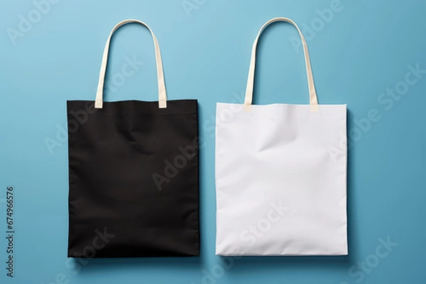 Fototapeta Two tote bags mockup on a blue background