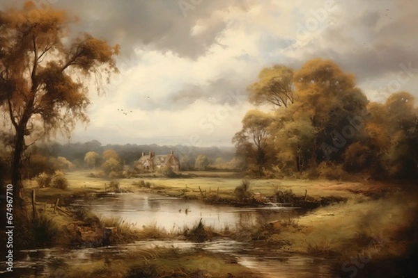 Fototapeta Oil Painting Landscape River Countryside Trees Mountains Fields Hills Clouds Artwork That Would Hang in Stately Home Post Impressionist Soft Brushstrokes Stunning Vista Style Illustration Classic