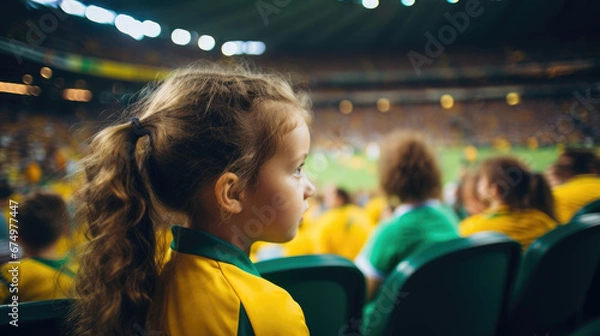 Fototapeta Back view of a girl in yellow and green, watching the Australian team play at the Women's World Cup, with the stadium in the background.