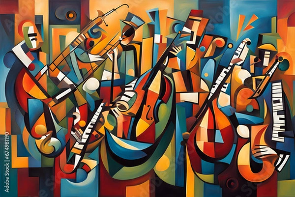 Obraz jazz themed cubist style abstract painting of musicians playing instruments