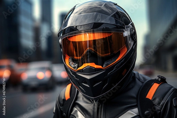 Fototapeta A motorcyclist wearing a helmet and protective gear, emphasizing the Concept of road safety for two-wheelers. Generative Ai.