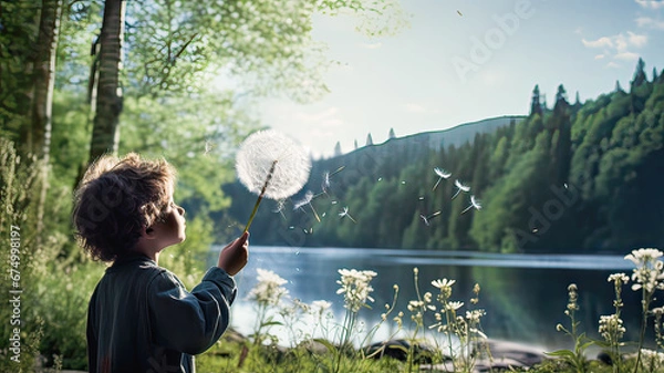 Obraz Sunlit nature, a boy, and a dandelion's flight.