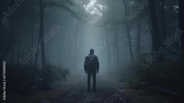 Fototapeta AI generated illustration of a solitary figure in a fog-shrouded forest, their back to the viewer