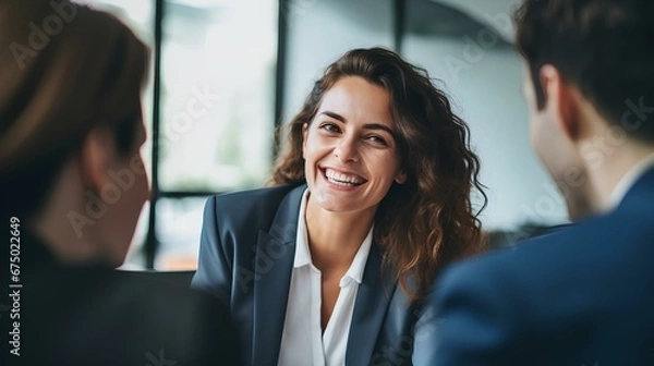 Fototapeta happy business woman meeting with financial law experts lawyers attorneys team thinking of risks. consultancy advisory services concept. generative AI
