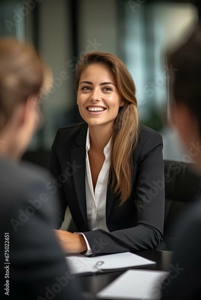 Fototapeta happy business woman meeting with financial law experts lawyers attorneys team thinking of risks. consultancy advisory services concept. generative AI
