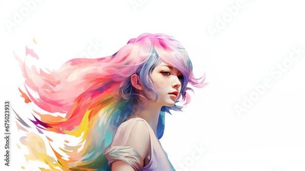Fototapeta カラフルな髪をなびかせる女性のイラスト