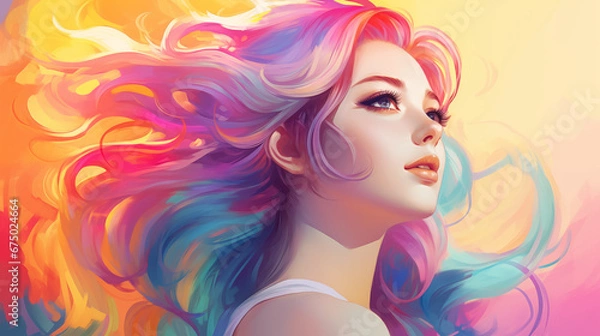 Fototapeta カラフルな髪をなびかせる女性のイラスト