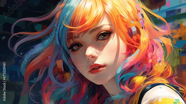 Fototapeta こちらを見つめるカラフルな髪の美しい女性