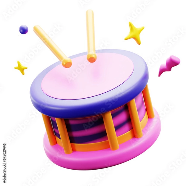 Fototapeta Festive Carnival Drum with stick for party music instrument celebration cultural event 3d icon illustration design