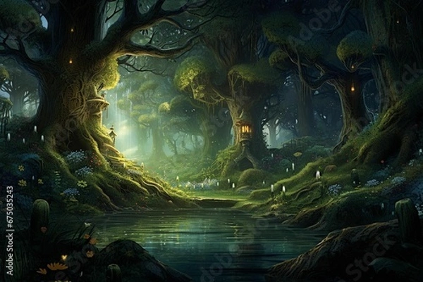Fototapeta AI generated illustration of a peaceful river flowing through a wooded area, illuminated by the sun