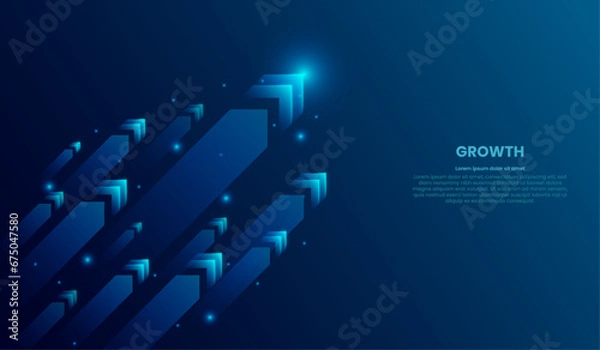 Obraz Diagonal stream of growth Up arrows in blue futuristic style on dark technology background with glowing dots or stars