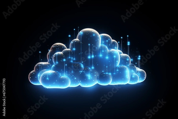Fototapeta 3d rendering concept cloud computing illustration. Light blue neon cloud icon on dark background