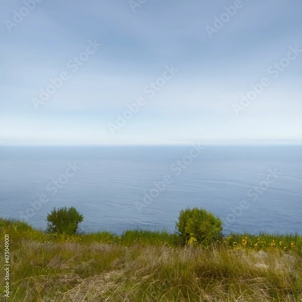 Fototapeta Relaxing view of the ocean with lush green foliage lining the shoreline.
