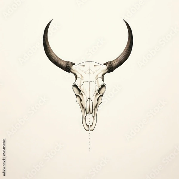 Fototapeta Illustration of a bull skull adorned with horns on a  beige background