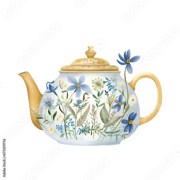 Obraz Whimsical : A Floral Teapot with a Butterfly Visitor,teapot with flowers,teapot on a white background