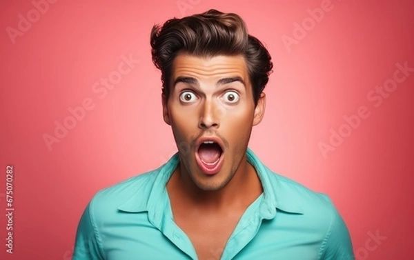 Fototapeta Surprised pin up style man with retro hairstyle, bright color background