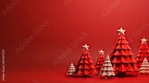 Obraz Christmas banner postcard in paper cut style. Illustration of a decorated Christmas tree with snow falling on a red background, 3D illustration