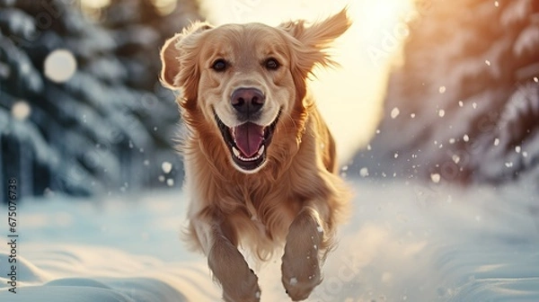 Obraz A retriever dog runs towards the camera through fresh snow against the backdrop of snow-covered fir trees.